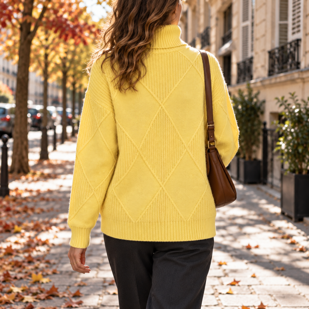 Retro del maglione giallo con grande rombo in rilievo e collo alto