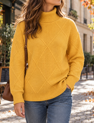Maglione giallo senape dolcevita con rombi in rilievo e collo alto a coste