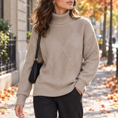 Maglione kaki chiaro con collo alto a coste e motivo a rombi sul davanti