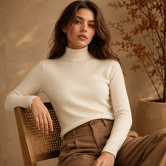 Maglione dolcevita beige chiaro a coste, seduta, con maniche lunghe e collo alto