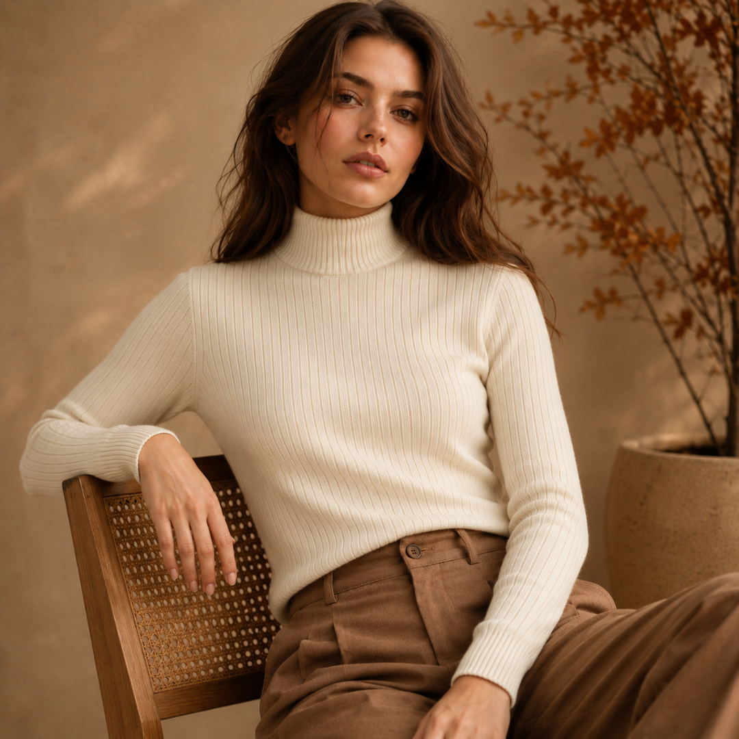 Maglione dolcevita beige chiaro a coste, seduta, con maniche lunghe e collo alto