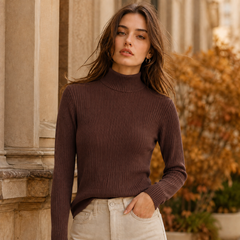 Maglione dolcevita marrone a coste indossato con pantaloni chiari, collo alto in evidenza