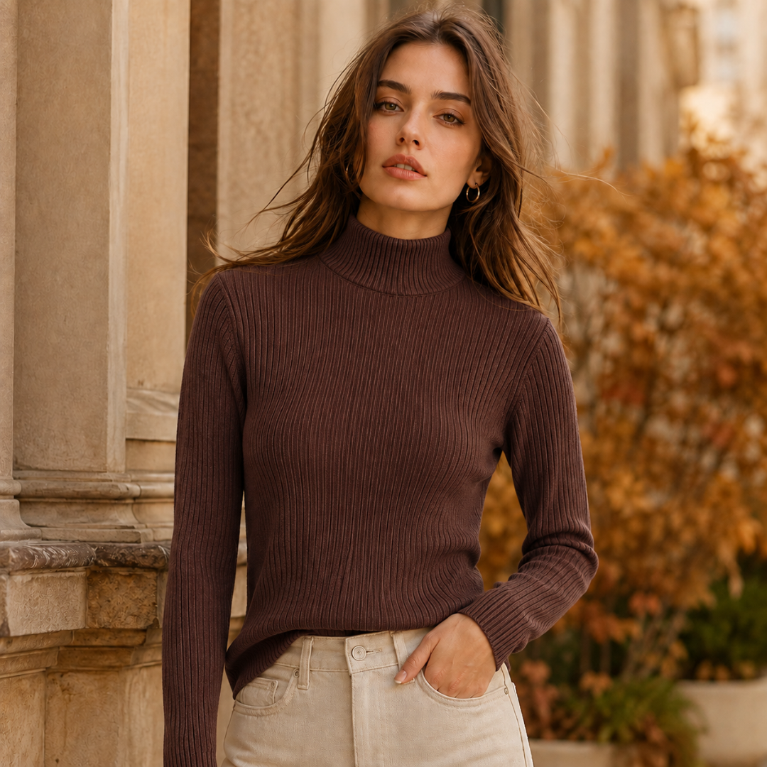 Maglione dolcevita marrone a coste indossato con pantaloni chiari, collo alto in evidenza