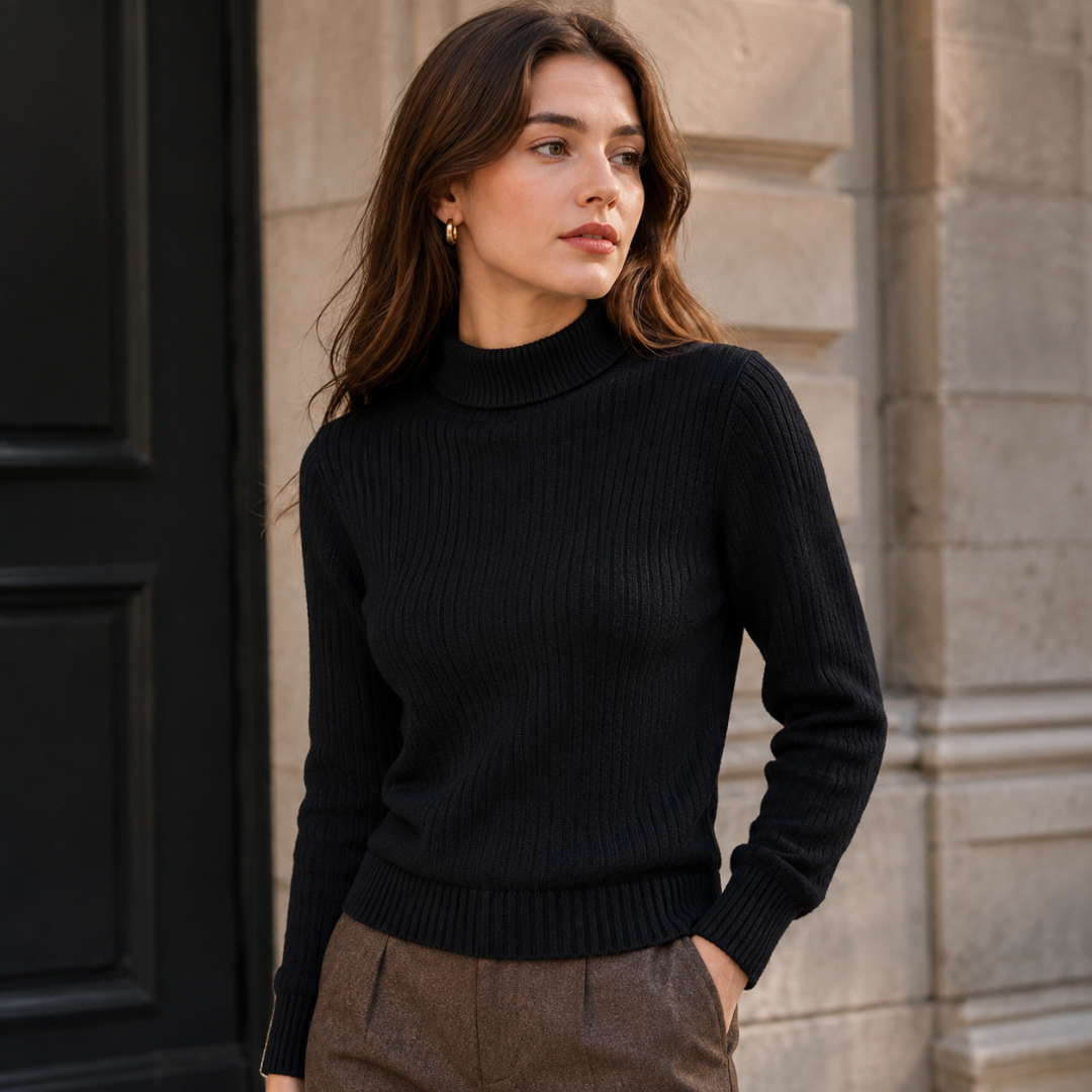 Maglione dolcevita nero a coste con bordo inferiore a coste e maniche lunghe