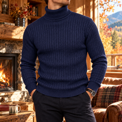 Maglione dolcevita uomo blu navy con trecce verticali e fascia a coste