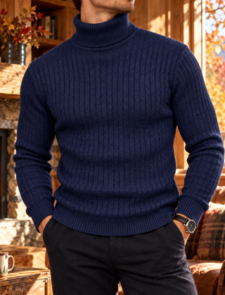 Maglione dolcevita uomo blu navy con trecce verticali e fascia a coste