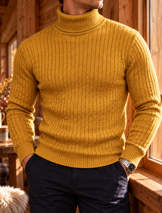Maglione uomo giallo senape a collo alto con lavorazione a trecce verticali