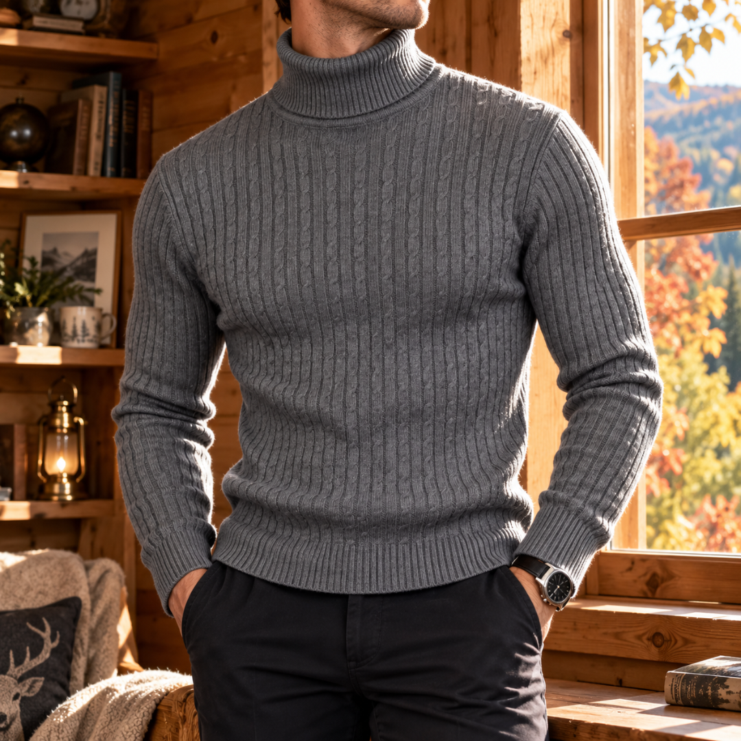 Maglione dolcevita uomo grigio scuro con trecce verticali e maniche lunghe