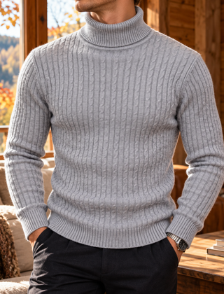 Maglione dolcevita uomo grigio chiaro con trecce in rilievo e polsini a coste