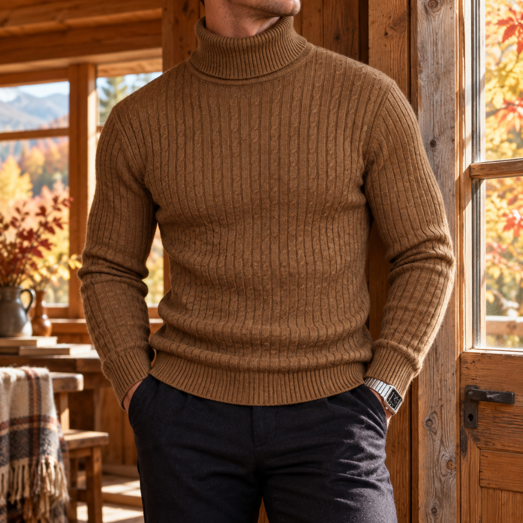 Maglione uomo marrone a collo alto con maglia a trecce e bordi a coste