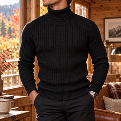 Maglione uomo nero a collo alto con maglia a trecce e polsini a coste