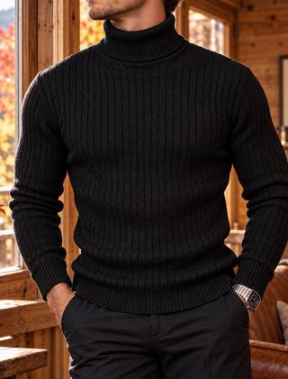 Maglione uomo nero a collo alto con maglia a trecce e polsini a coste