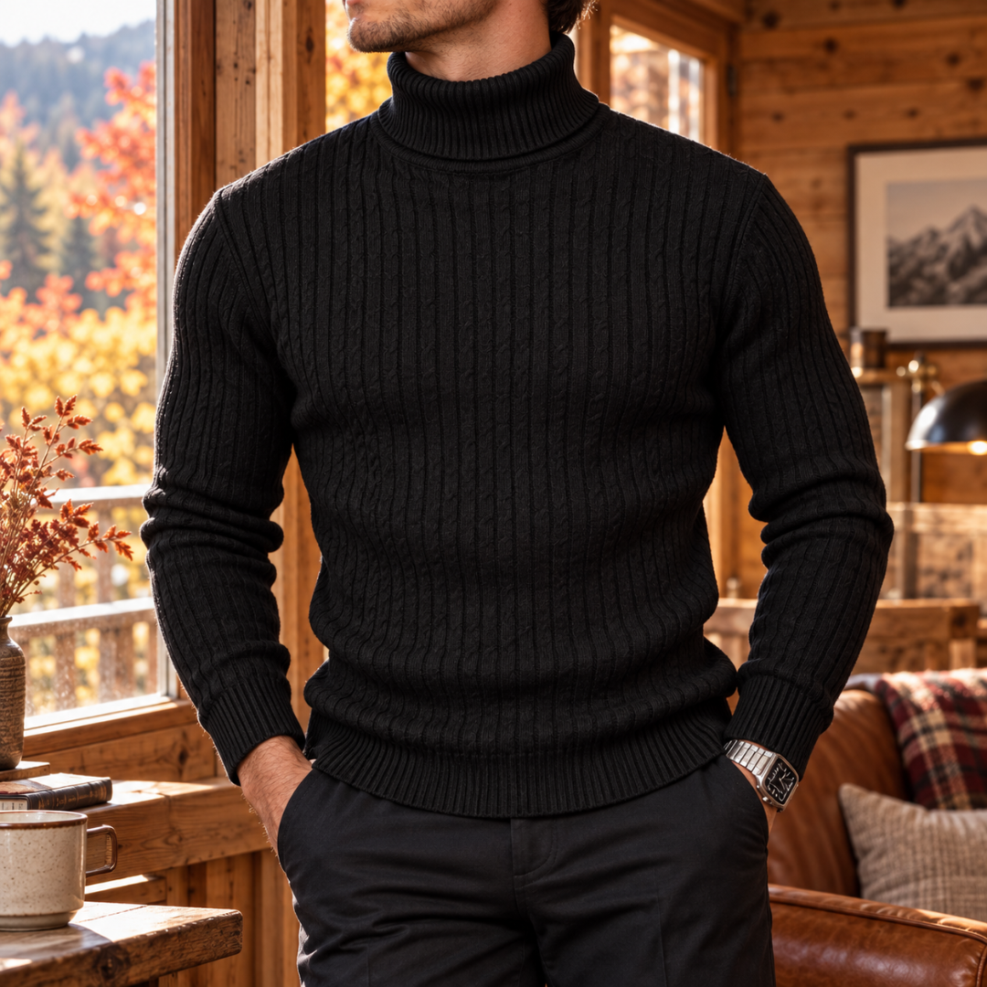 Maglione uomo nero a collo alto con maglia a trecce e polsini a coste