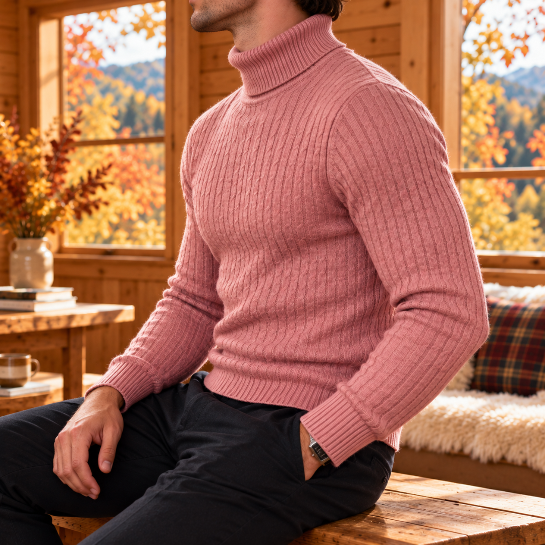 Dettaglio laterale del maglione rosa a trecce con collo alto risvoltato