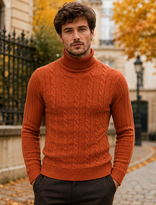 Maglione dolcevita uomo arancione con trecce sul davanti e collo alto a coste