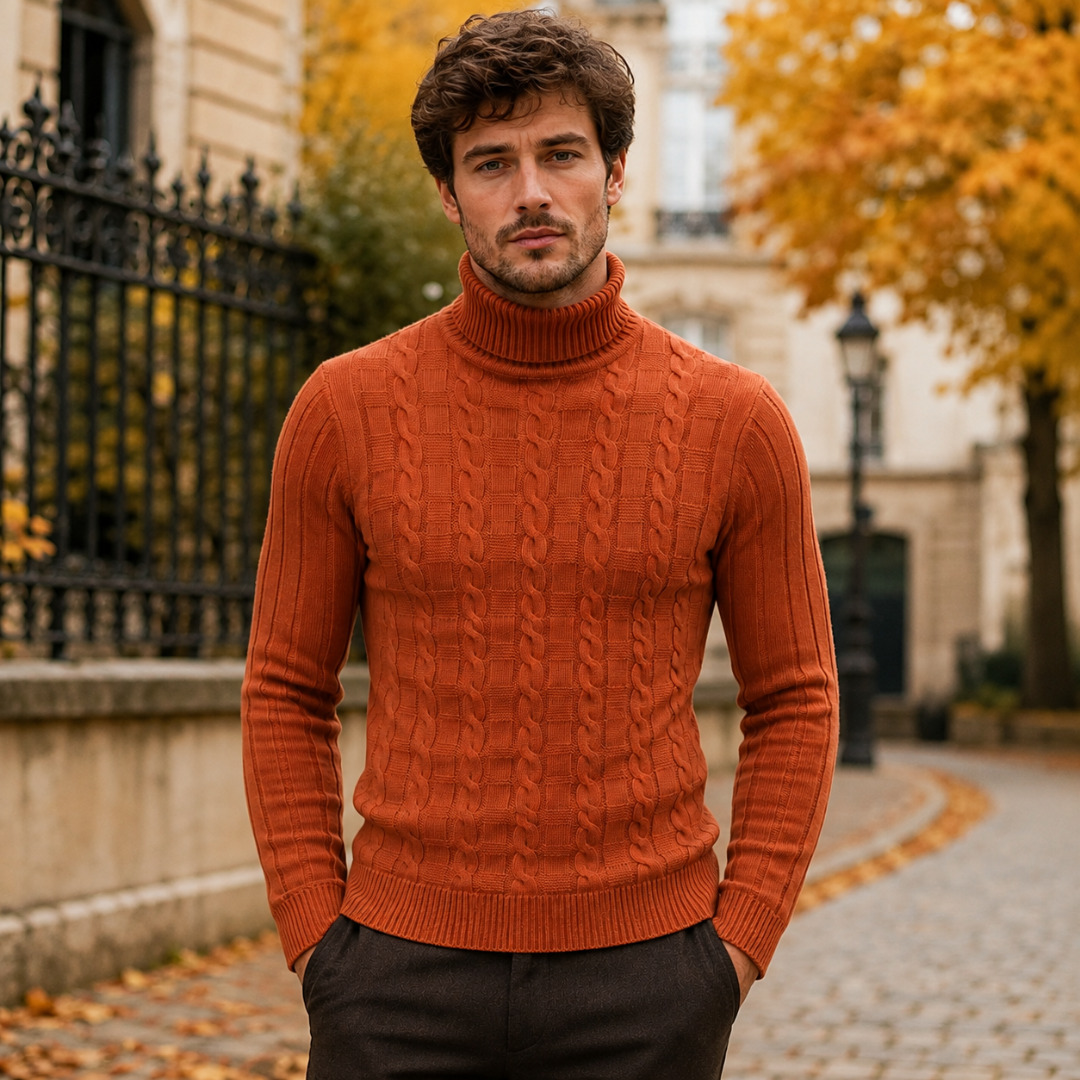 Maglione dolcevita uomo arancione con trecce sul davanti e collo alto a coste