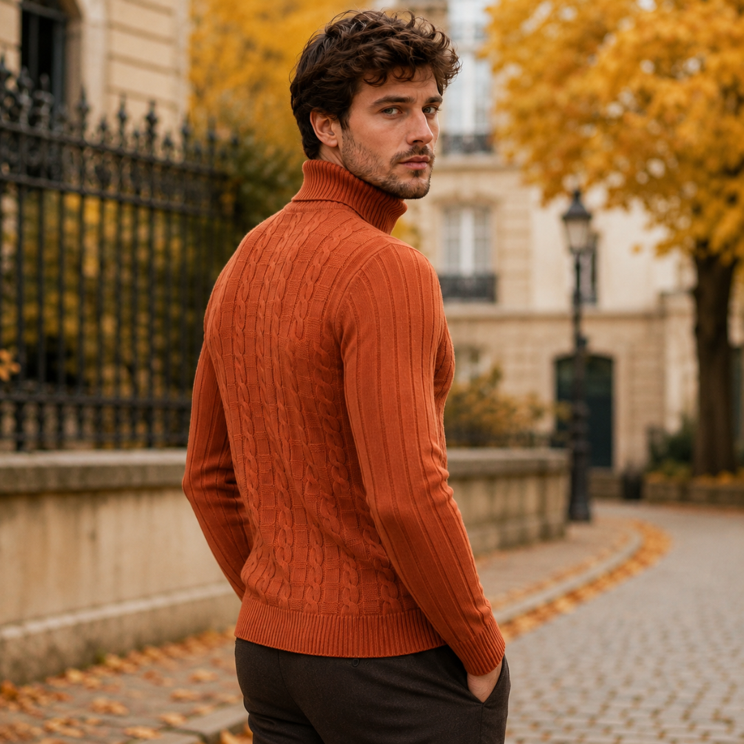 Retro del maglione dolcevita arancione con trecce verticali e fondo a coste