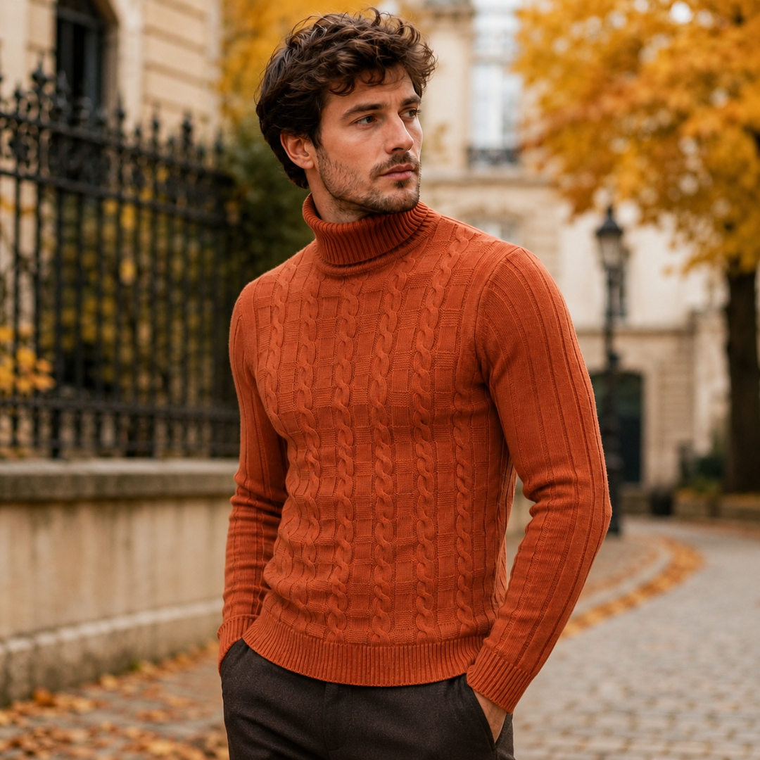 Uomo con maglione arancione a trecce, collo alto ripiegato e maniche lunghe