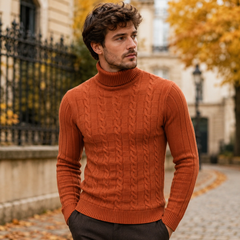 Maglione arancione uomo con trecce centrali, coste laterali e fondo elastico a coste