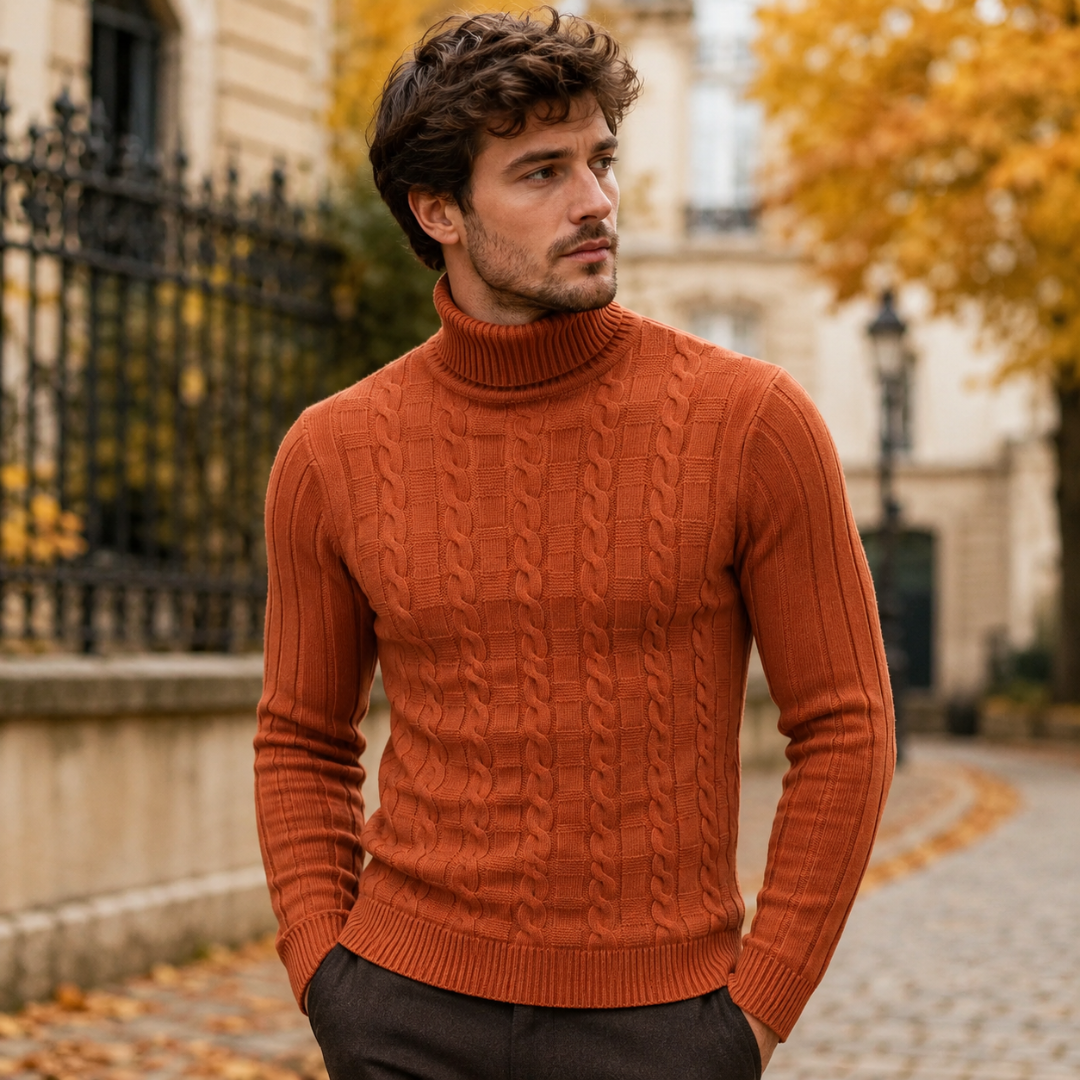 Maglione arancione uomo con trecce centrali, coste laterali e fondo elastico a coste