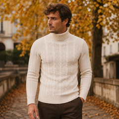 Maglione dolcevita uomo beige con maglia intrecciata e polsini a coste