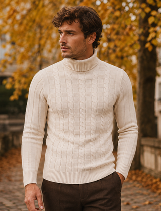 Maglione dolcevita uomo beige con maglia intrecciata e polsini a coste