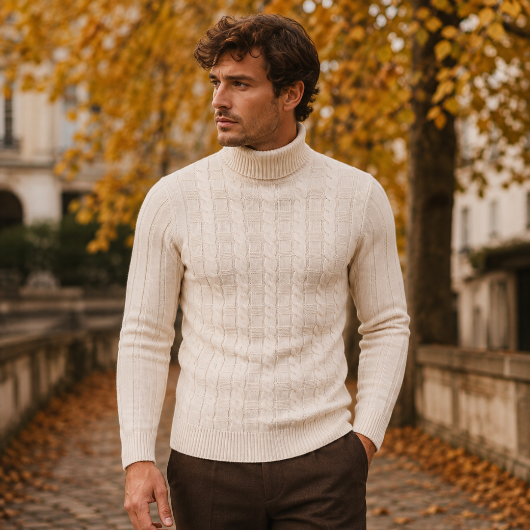 Maglione dolcevita uomo beige con maglia intrecciata e polsini a coste