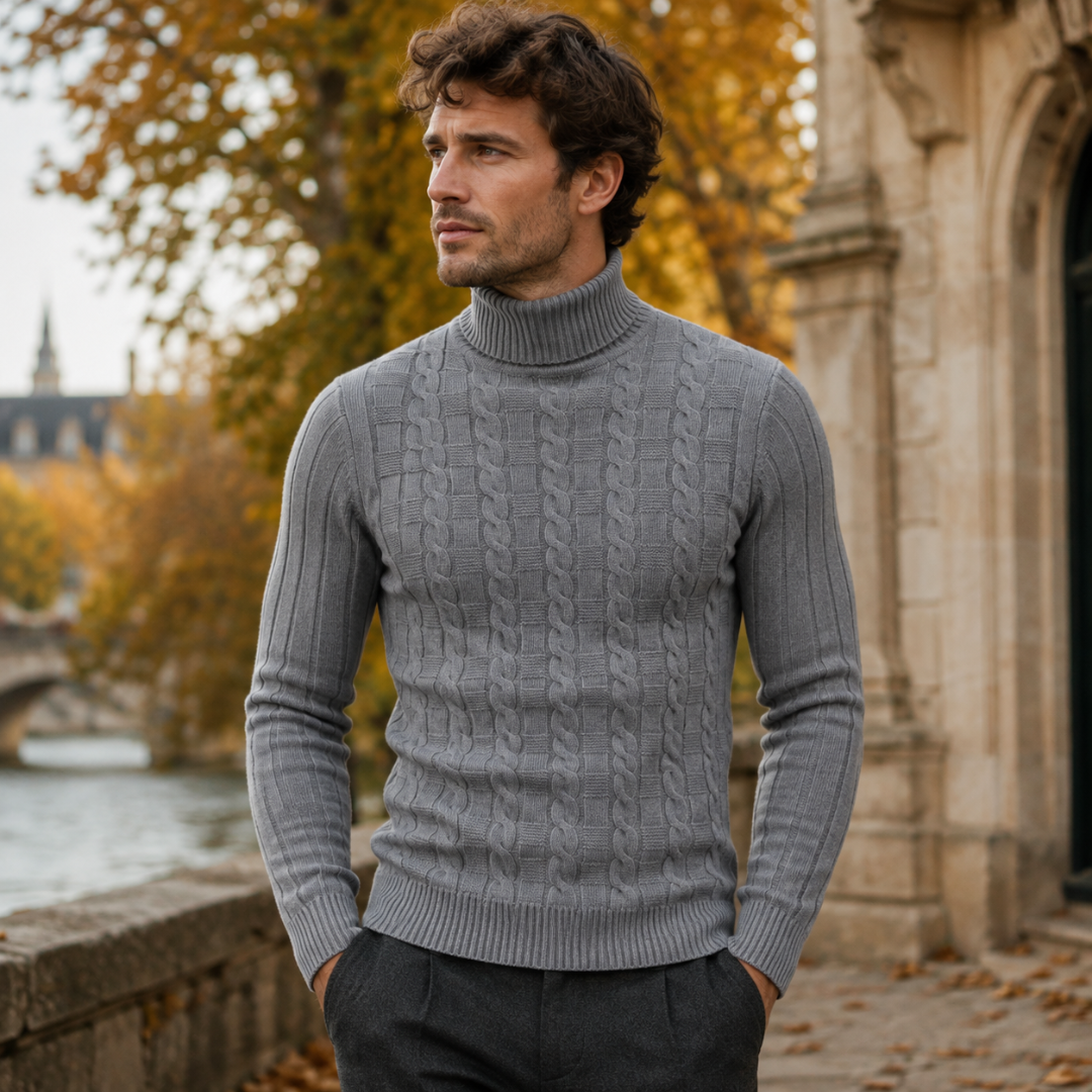 Maglione dolcevita uomo grigio con trecce sul davanti e maniche lunghe