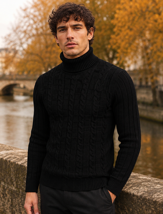 Maglione dolcevita uomo nero con lavorazione a trecce e fondo a coste