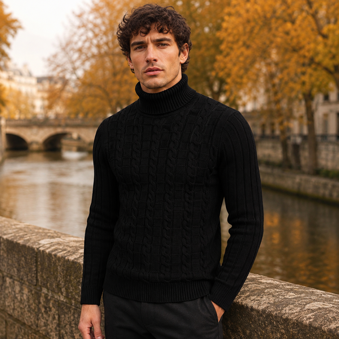 Maglione dolcevita uomo nero con lavorazione a trecce e fondo a coste