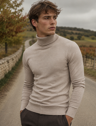 Maglione dolcevita beige da uomo con collo alto a coste in campagna