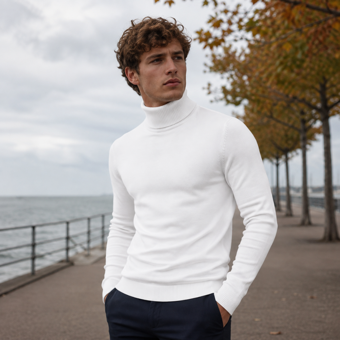 Maglione dolcevita bianco da uomo con collo alto, indossato con pantaloni scuri