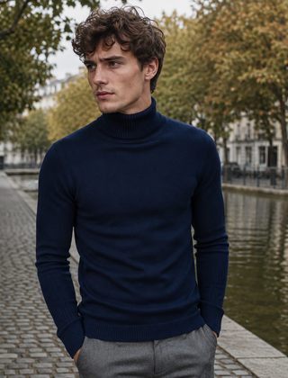 Maglione dolcevita blu navy da uomo con collo alto e polsi a coste