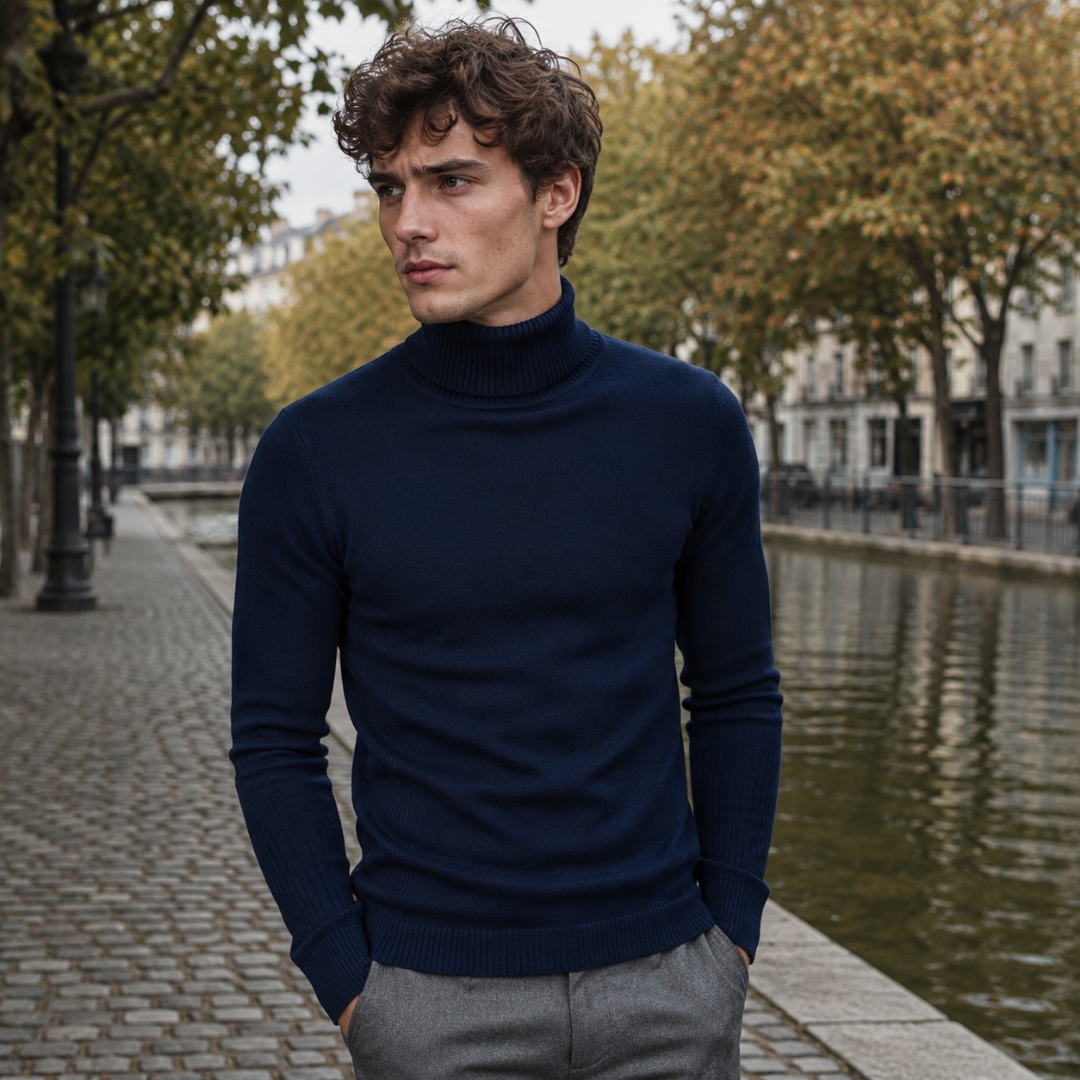 Maglione dolcevita blu navy da uomo con collo alto e polsi a coste