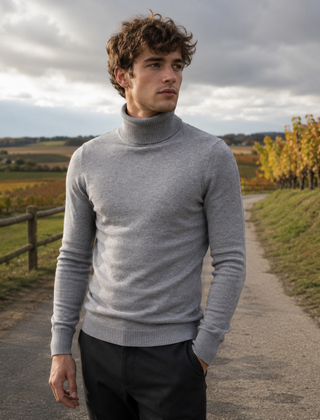 Maglione dolcevita grigio chiaro da uomo con collo alto risvoltato all'aperto