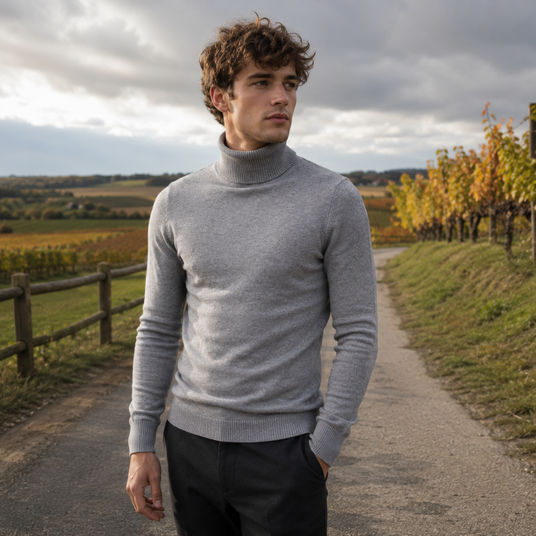 Maglione dolcevita grigio chiaro da uomo con collo alto risvoltato all'aperto