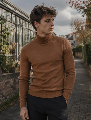 Maglione dolcevita marrone da uomo con maniche lunghe e polsi a coste