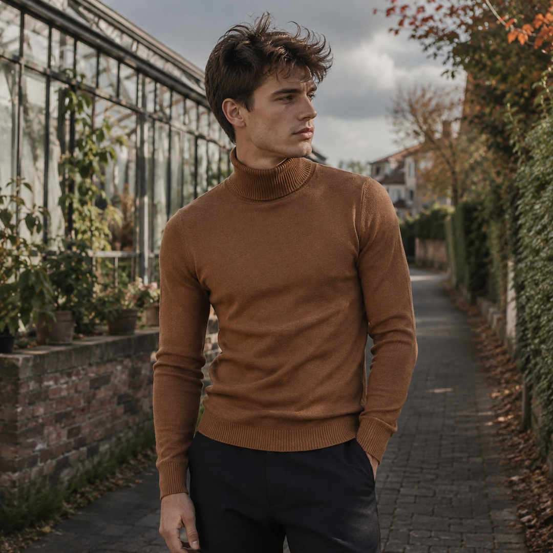 Maglione dolcevita marrone da uomo con maniche lunghe e polsi a coste