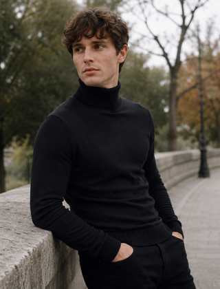 Maglione dolcevita nero da uomo con collo alto a coste in un parco