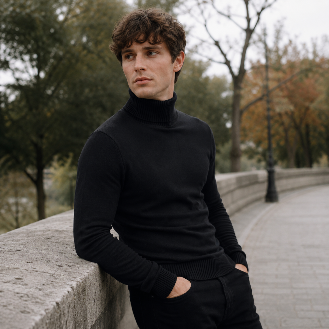 Maglione dolcevita nero da uomo con collo alto a coste in un parco