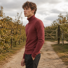 Vista laterale del maglione dolcevita rosso da uomo con polsi a coste