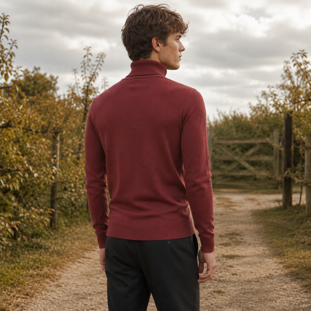 Retro del maglione dolcevita rosso da uomo con fondo a coste