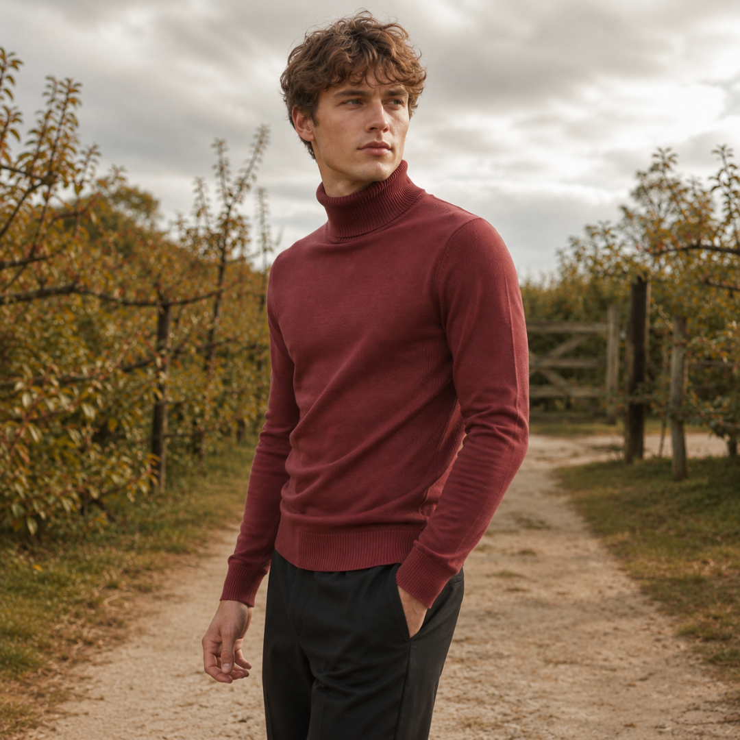 Maglione dolcevita rosso da uomo con collo alto risvoltato in primo piano