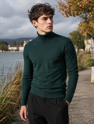 Maglione dolcevita verde militare da uomo con fondo a coste in riva al lago