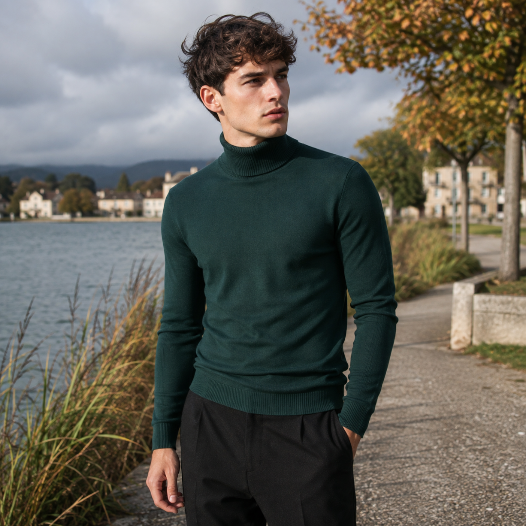 Maglione dolcevita verde militare da uomo con fondo a coste in riva al lago
