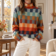 Maglione donna a quadretti multicolore con collo alto, indossato con pantaloni bianchi