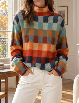 Maglione donna a quadretti multicolore con collo alto, indossato con pantaloni bianchi
