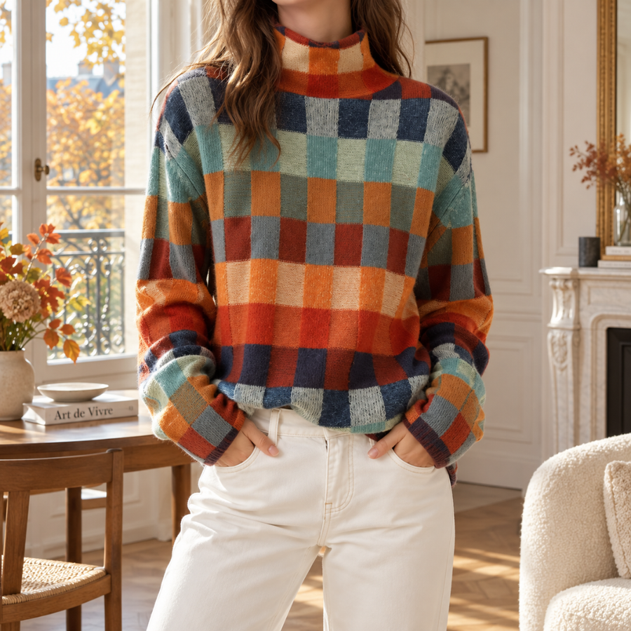 Maglione donna a quadretti multicolore con collo alto, indossato con pantaloni bianchi