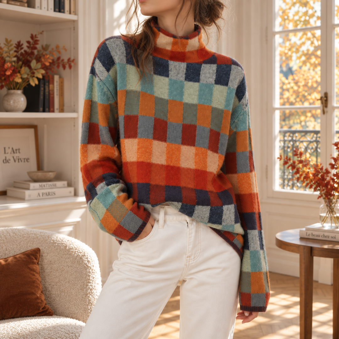 Maglione a quadri arancione e blu con collo alto e maniche lunghe