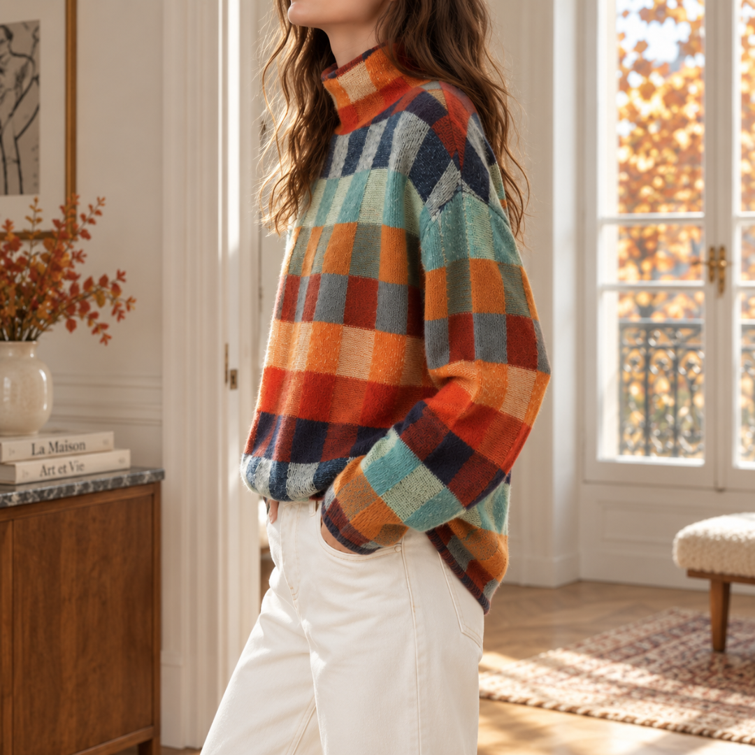 Vista laterale del maglione donna a quadretti arancione, ruggine e verde chiaro